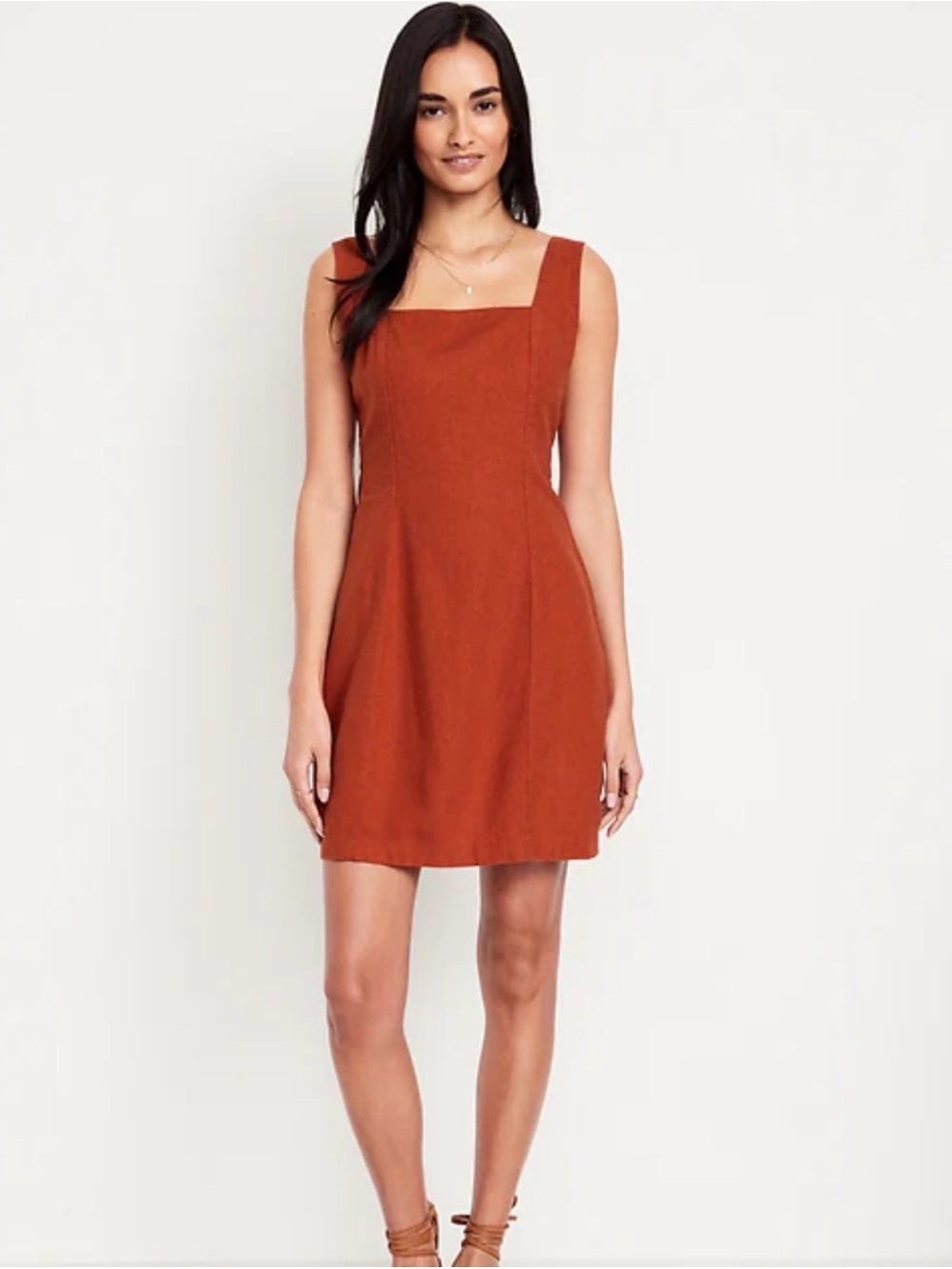 NWT Linen-Blend Square Neck Mini Dress in Rust
